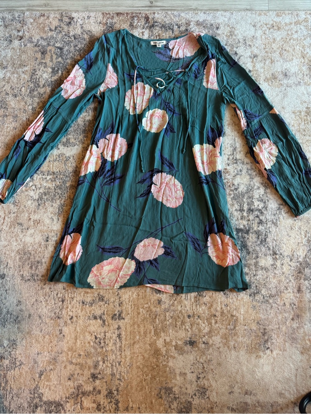 Billabong Teal Floral Lace-Up Long Sleeve Dress